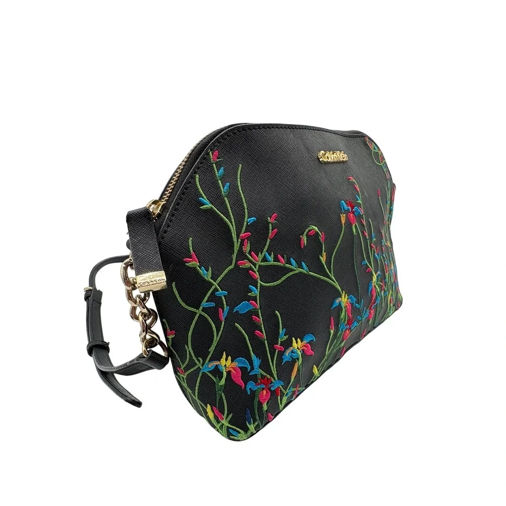 Calvin Klein Crossbody Bag Womens Medium Black Excellent Floral Embroidered Dome